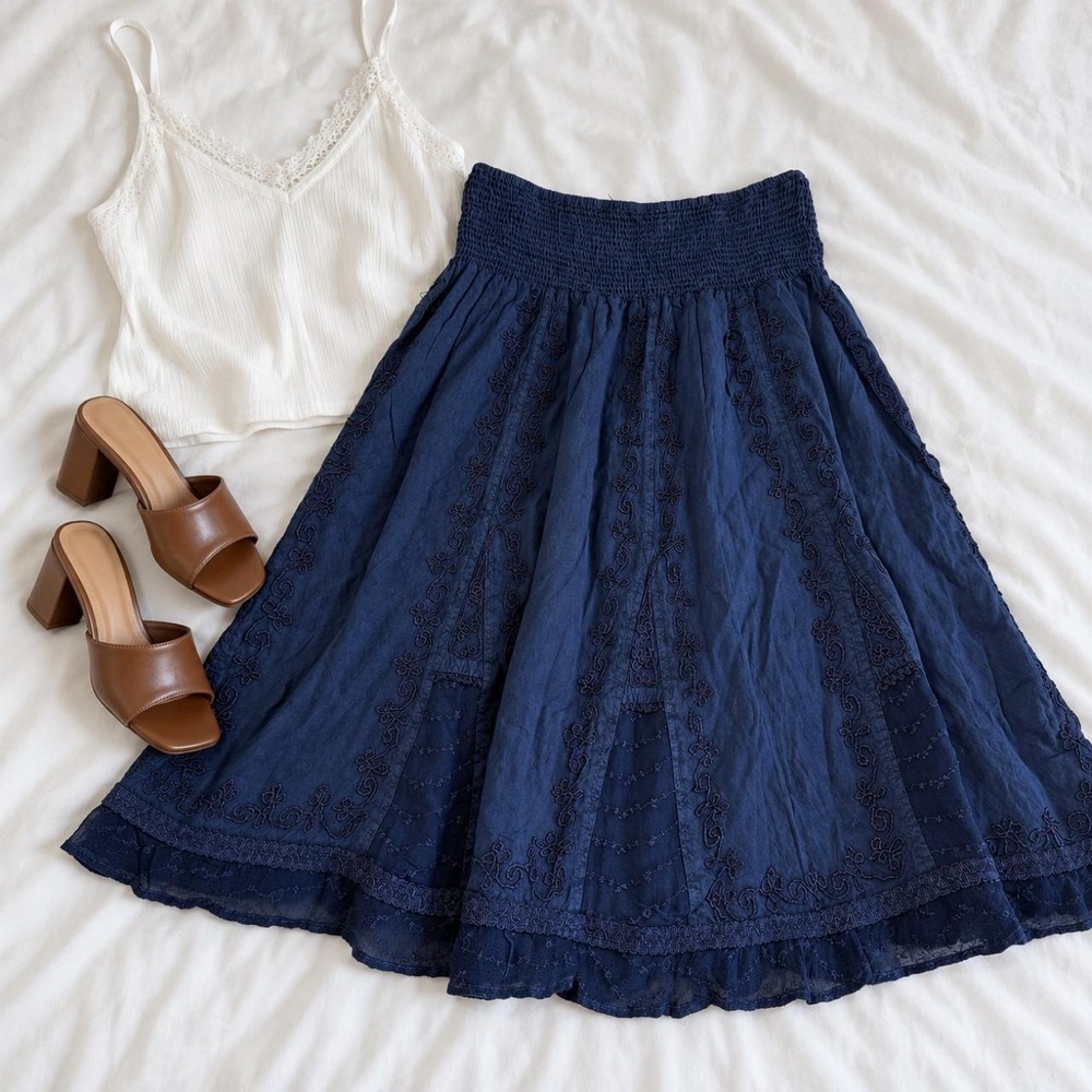 y2k cute options fits small to medium navy embroidered midi skirt